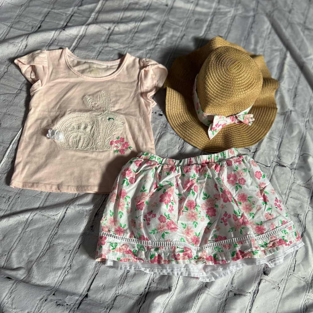 Shabby Chic Pink Floral Skirt Set with Hat